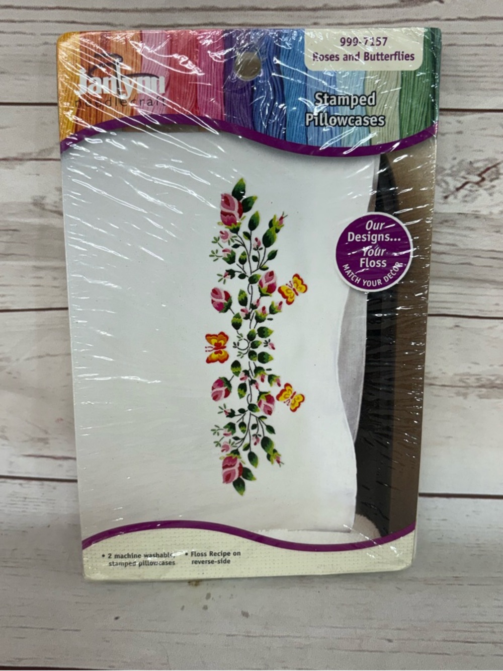 Janlynn Needlecraft Pillowcase Stamped Hand Embroidery Roses and Butterflies